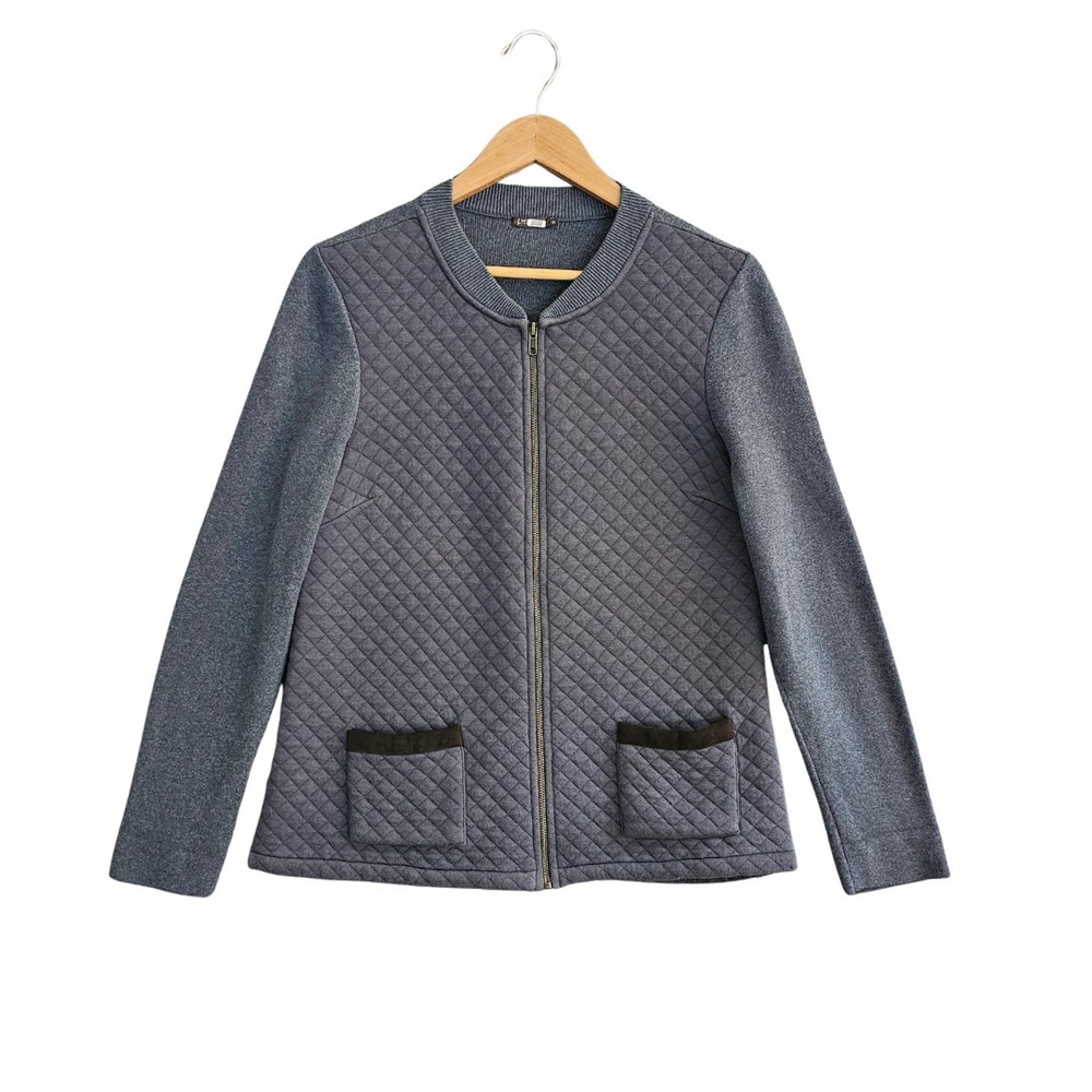 J McLaughlin Quilted Front Zip Cardigan Womens M Blue Cotton Blend Knit Jacket